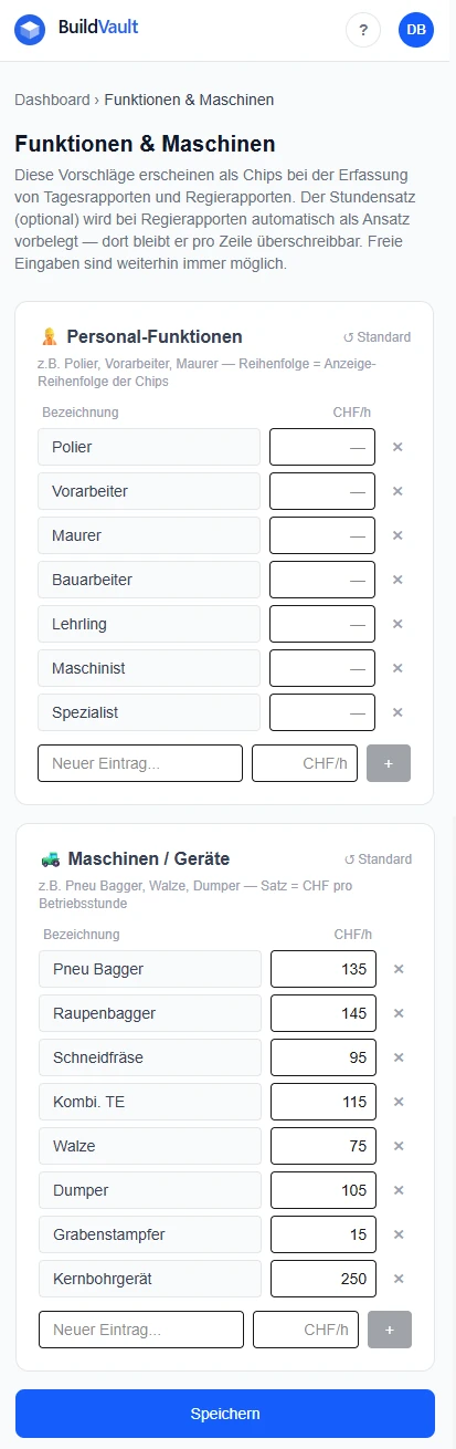 Stammdaten mit Funktionen und Maschinen samt Ansätzen