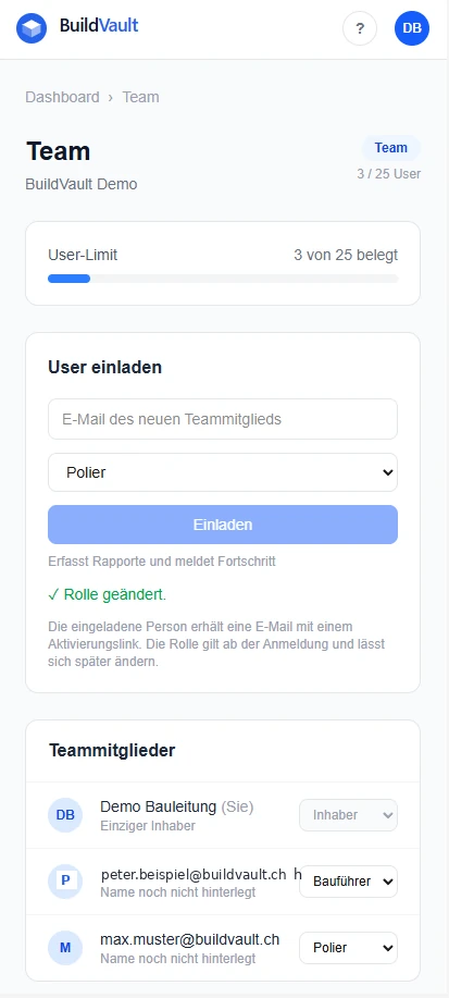Team-Verwaltung mit eingeladenen Mitgliedern und Rollen