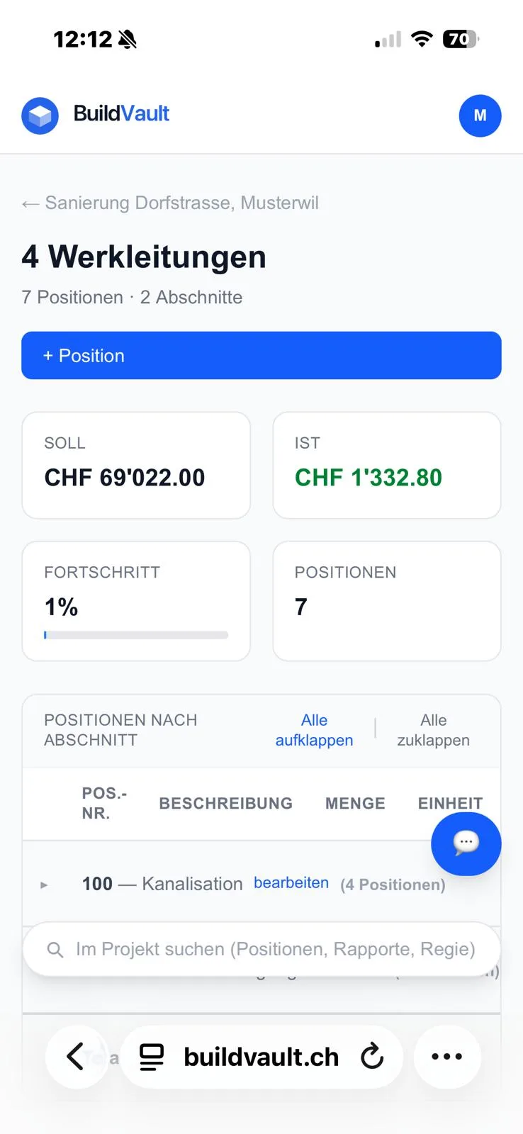 Leistungsgruppe 4 Werkleitungen mit zwei Abschnitten und Positionen