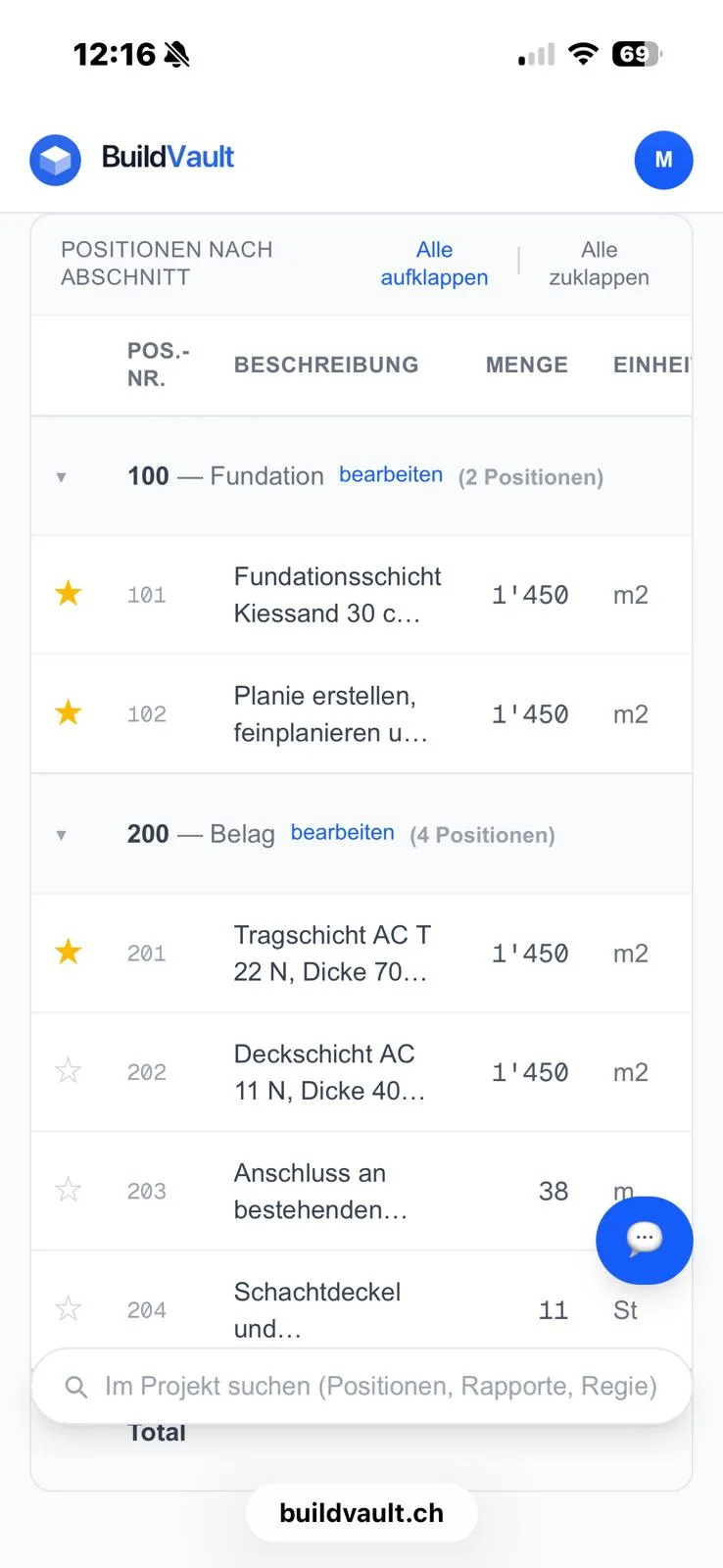 Positionsliste nach Abschnitt mit Favoriten-Sternen