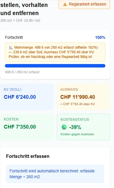 Position mit 192 % Mehrmenge und Hinweis Nachtrag prüfen