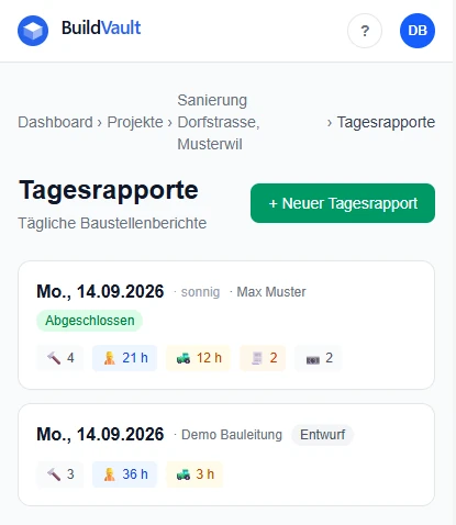 Tagesrapport-Liste mit offenem und abgeschlossenem Rapport