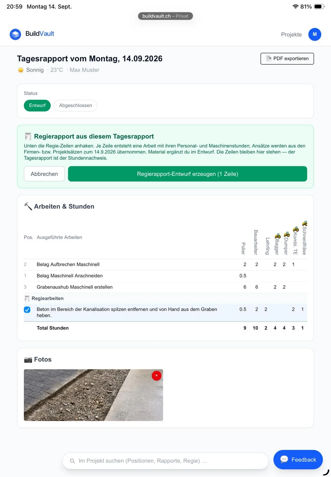 Tagesrapport mit Block Regierapport erzeugen