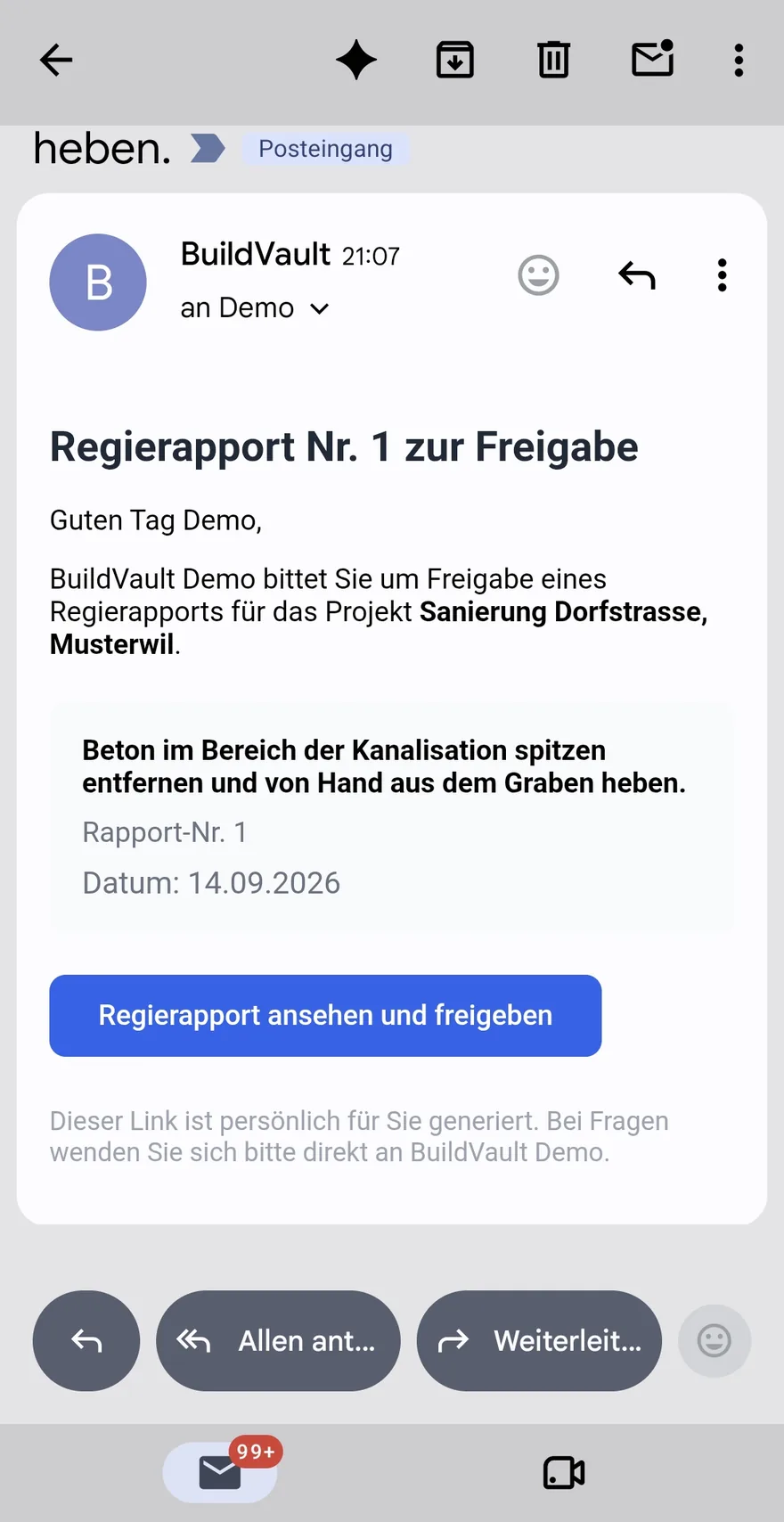 Freigabe-Mail an die Bauleitung mit Knopf zum Rapport