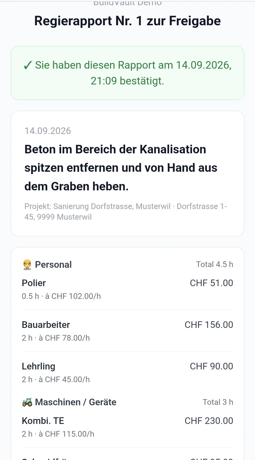 Bestätigung nach der Freigabe durch die Bauleitung