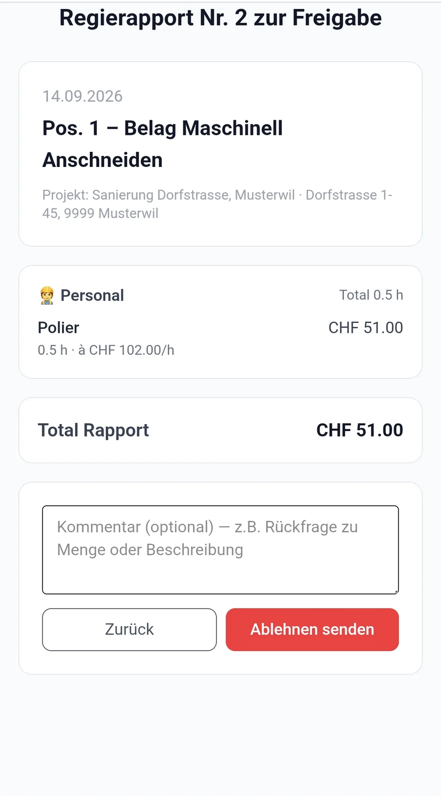 Ablehnen mit Kommentarfeld