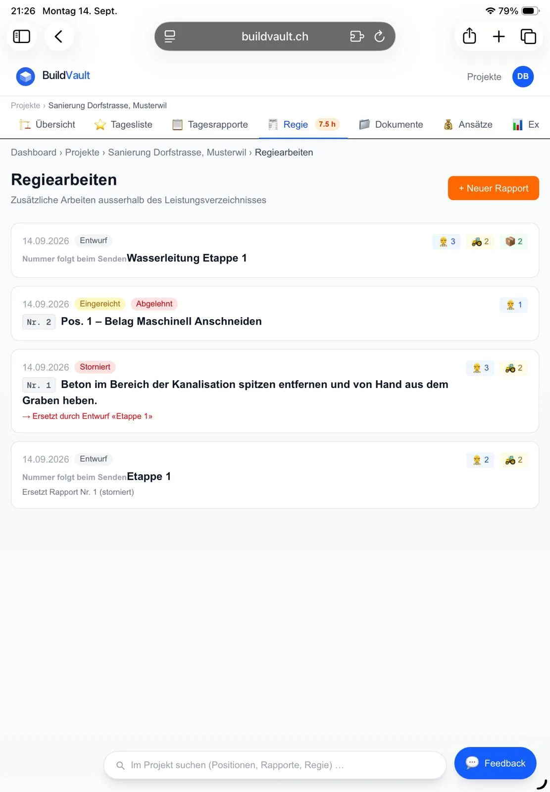 Regie-Liste mit storniert, genehmigt, abgelehnt und Entwurf