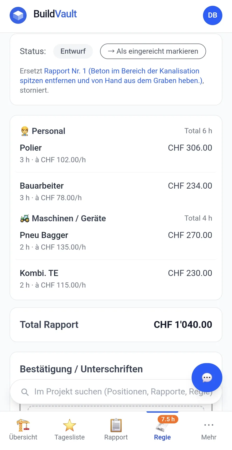 Neuer Rapport mit dem Feld Ersetzt einen stornierten Rapport