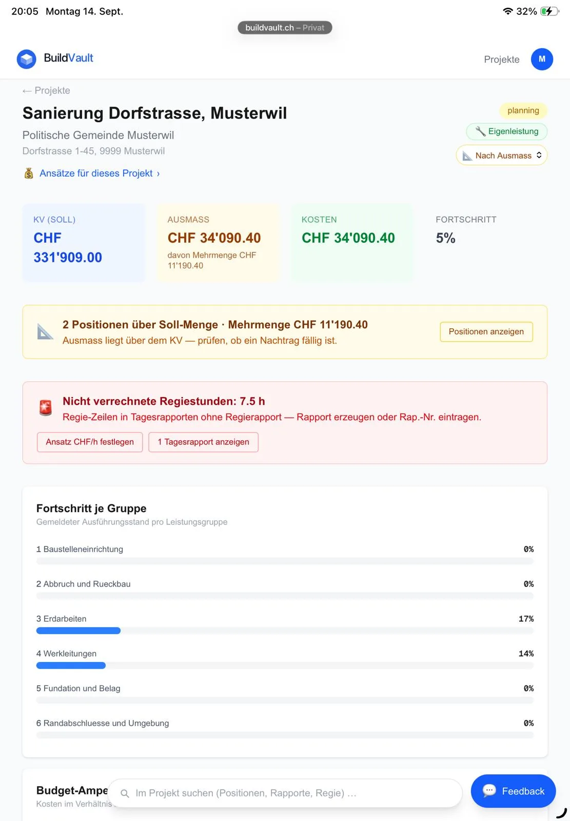 Projektseite am Laptop mit Kostenvoranschlag, Ausmass, Kosten, Fortschritt und Ampel