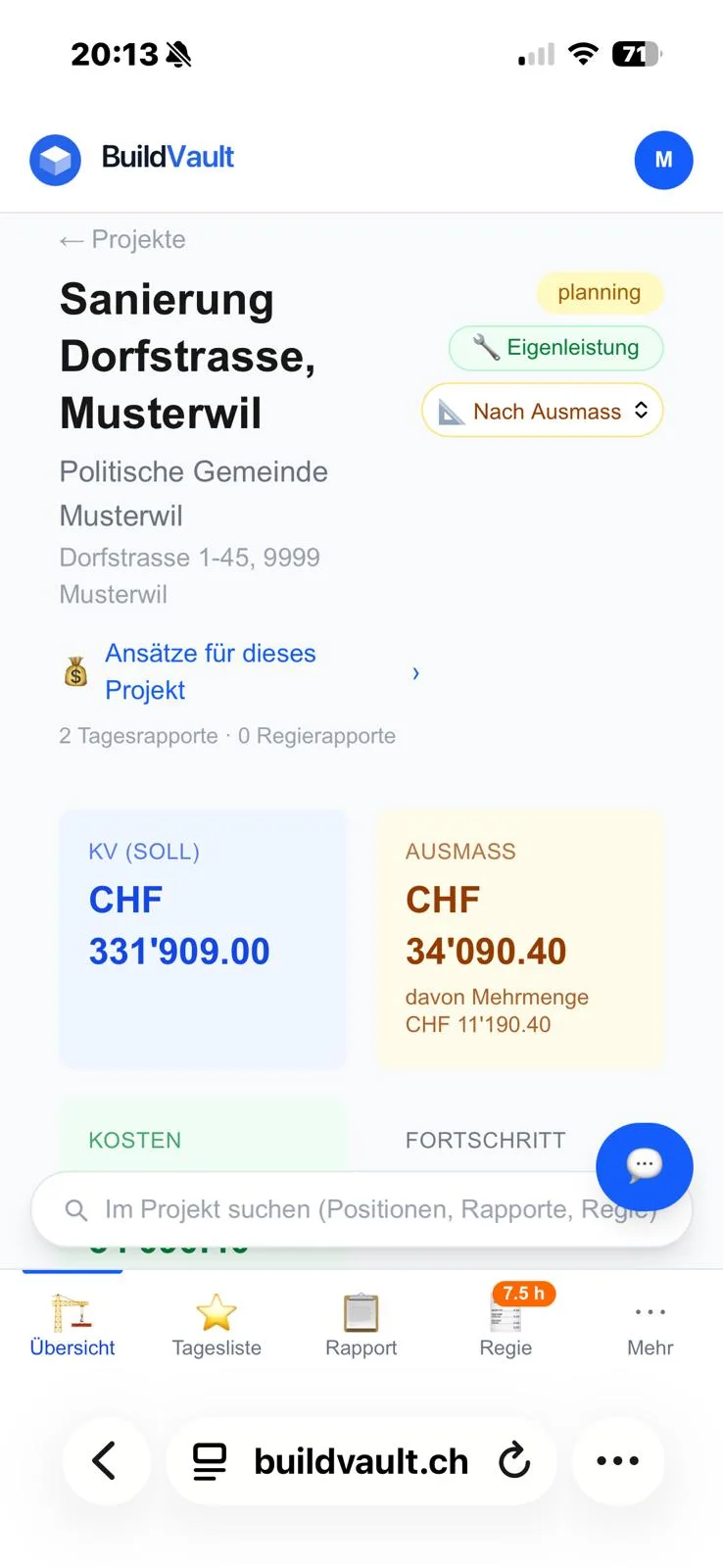 Projektseite auf dem Handy: Kostenvoranschlag, Ausmass, Kosten und Fortschritt des Projekts, darunter der Handlungsbedarf