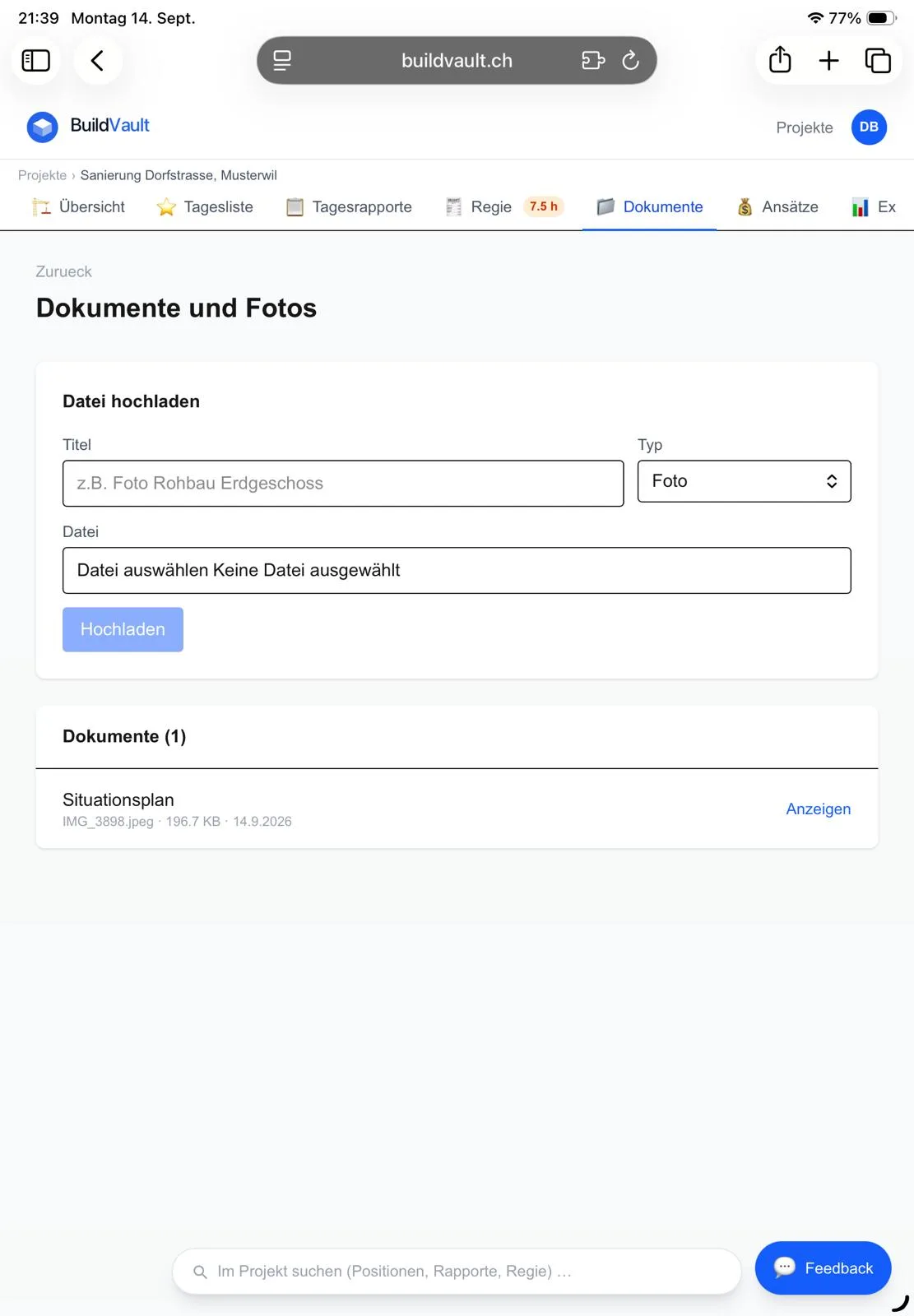Dokumente und Fotos mit Upload und Liste