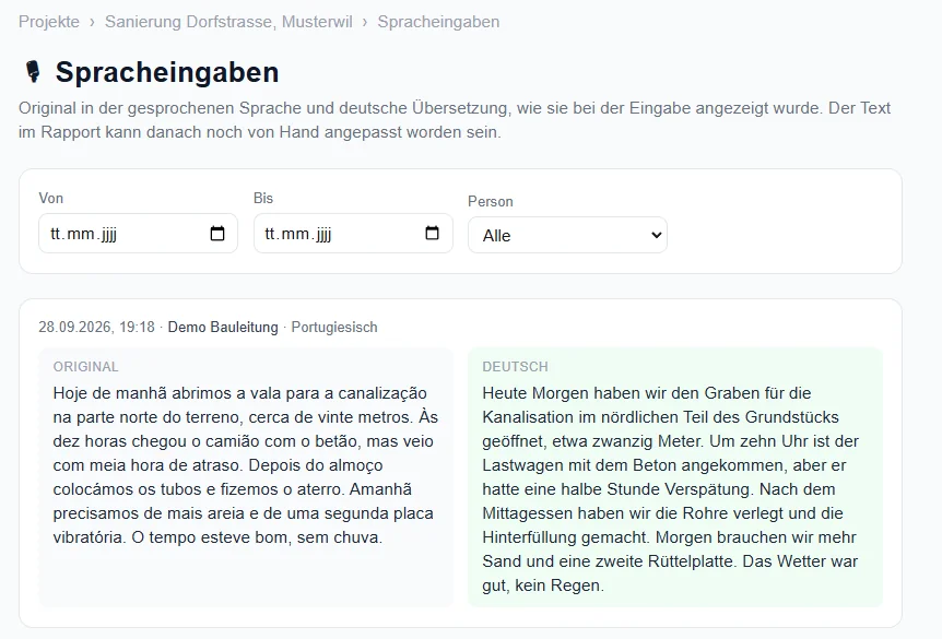 Protokoll der Spracheingaben mit Original und Deutsch