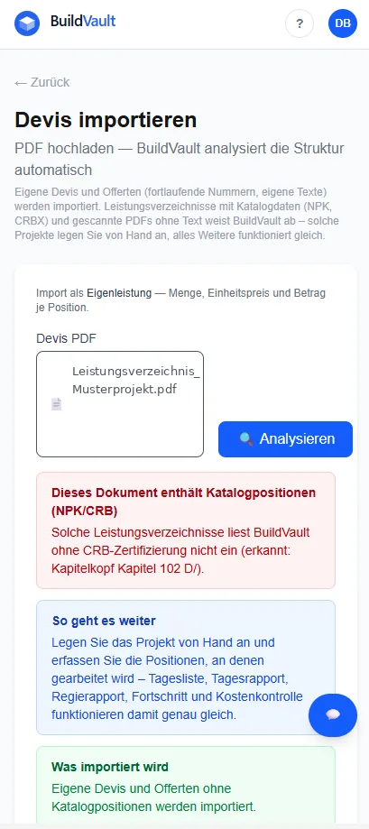 Abweisung eines Katalog-Leistungsverzeichnisses mit Grund, Ausweg und Hinweis, was importiert wird