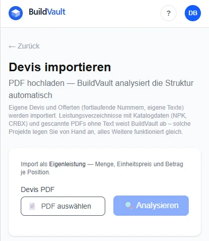 Importseite mit PDF-Auswahl